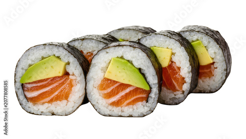 Schilderij op canvas Fresh salmon and avocado sushi rolls, isolated on transparent background