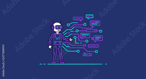 Ai chatbot assistant with virtual headset and data bubbles