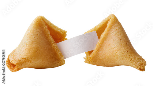 Fotografie Golden baked fortune cookie cracked open revealing blank white paper strip, isol