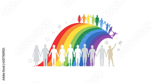 Cuadro en lienzo Diverse Group Of People Under Rainbow Arc.