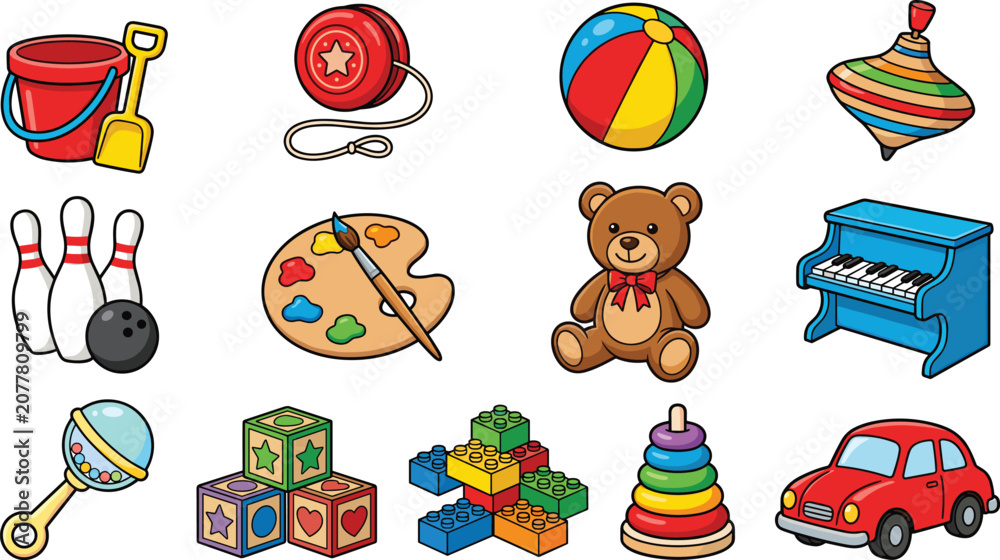 Naklejka premium Colorful Classic Kids Toy Icon Set with Piano, Paint Palette, Bowling, Yoyo, Teddy Bear, and Creative Playroom Elements Vector Collection