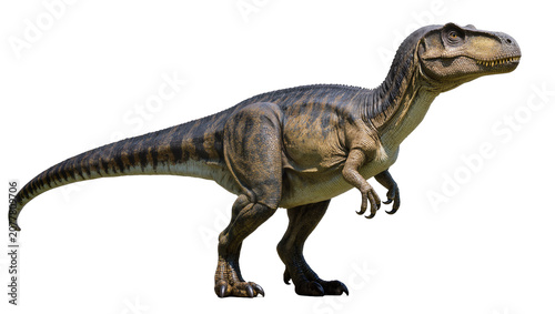 Photos Large predatory dinosaur with brown and black striped skin
