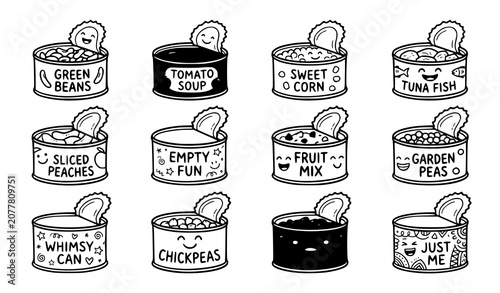 Hand Drawn Open Tin Can Collection with Cute Cartoon Food Container Vector Set