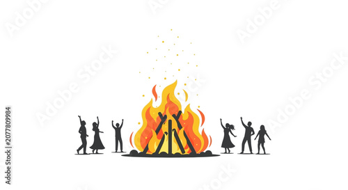 Cuadro en lienzo Silhouetted group around blazing campfire at night.
