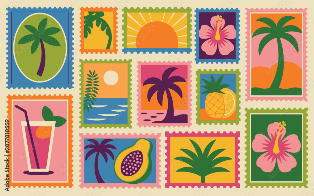 Fototapeta premium Vibrant retro postage stamps collection featuring tropical palm trees, golden summer sunsets and hibiscus flowers for travel.