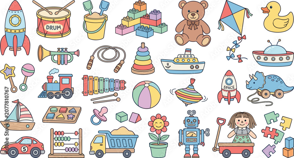Fototapeta premium Charming Hand Drawn Kids Toy Mega Set with Robot, Doll, Train, Rocket, Abacus, Xylophone, and Classic Playroom Elements Vector Collection