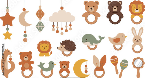 Bild auf Leinwand Adorable Boho Wooden Baby Teether and Rattle Set with Bear, Lion, Bunny, Hedgeho