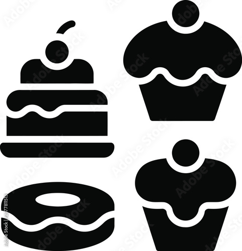 Dessert Silhouette Icon Bundle | Cake Cupcake Donut Set Minimal Black Vector Collection Isolated on White