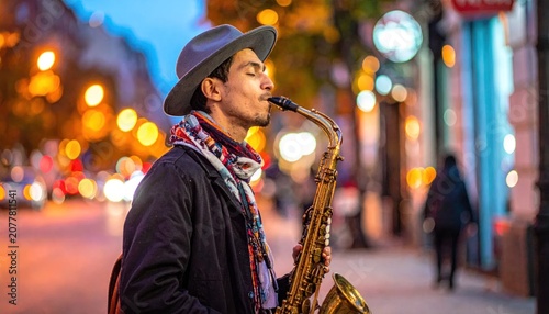 Man Playing Saxophone on City Street at Night.