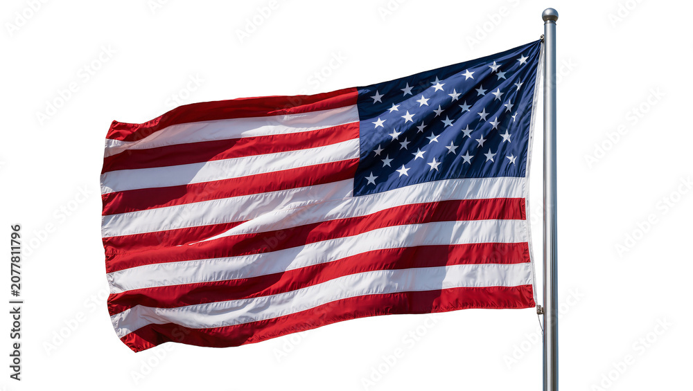 Obraz premium Waving American flag with stars and stripes on metal pole, isolated on transparent background