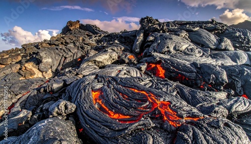 Molten Lava Flow on Volcanic Terrain Landscape.