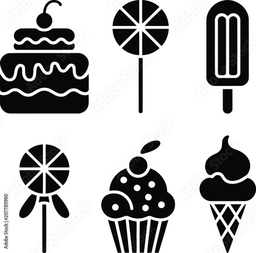 Kids Dessert Silhouette Icon Set | Cute Cake Candy Collection Minimal Black Vector Isolated on White