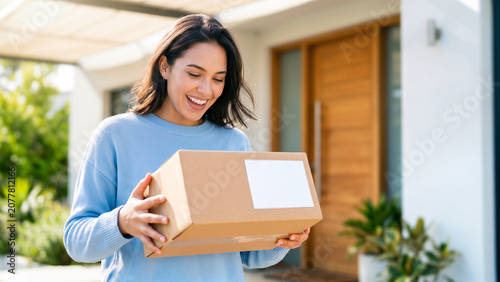 Happy woman receiving online shopping delivery package at modern home entrance, showcasing convenience and customer satisfaction.