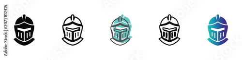 Canvas Print A set of five distinct knight helmet icons, showcasing different artistic interp