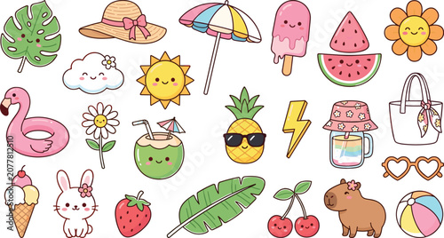 Super Cute Kawaii Summer Sticker Set with Capybara, Bunny, Flamingo, Pineapple, Cherry, and Adorable Seasonal Elements Vector Collection