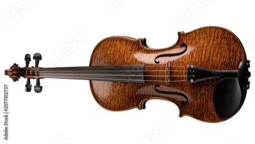 Photos Detailed tiger-striped violin with ebony fingerboard, isolated on transparent ba