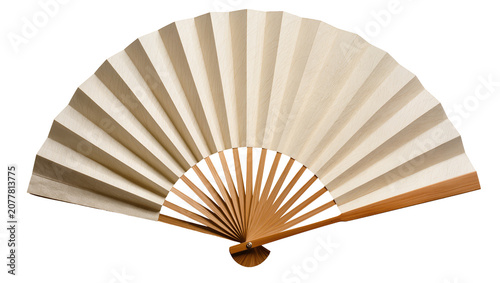 Bild auf Leinwand Natural beige paper folding fan with wooden ribs, isolated on transparent backgr