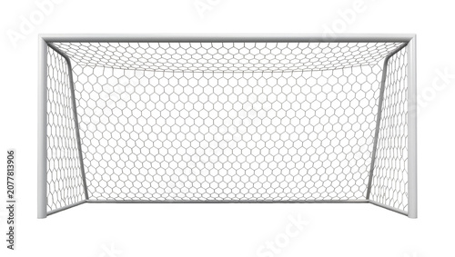 Photos White metal soccer goal with hexagonal net, isolated on transparent background
