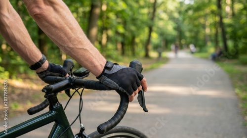 An adult man rides a road bike outdoors, holding the handlebars with gloves. Conceptually, this depicts active retirement and a healthy lifestyle.