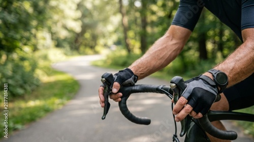 An adult man rides a road bike outdoors, holding the handlebars with gloves. Conceptually, this depicts active retirement and a healthy lifestyle.