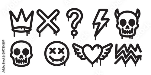 Photos Black graffiti icons set with paint drip effect featuring crown skull heart and lightning bolt symbols