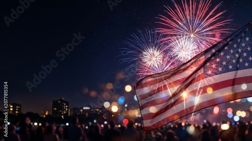 American flag waving before colorful fireworks with wide copy space. Perfect for Independence Day banners, patriotic celebrations, holiday advertising, greeting cards and promotional campaigns