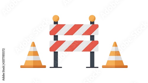 Roadblock, construction barriers, traffic cones, warning signs, isolated icons