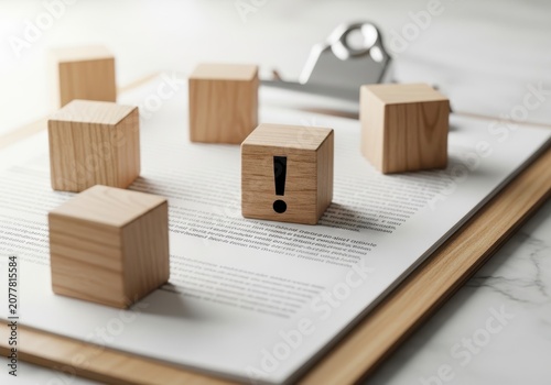 Wooden cubes with exclamation mark on document clipboard