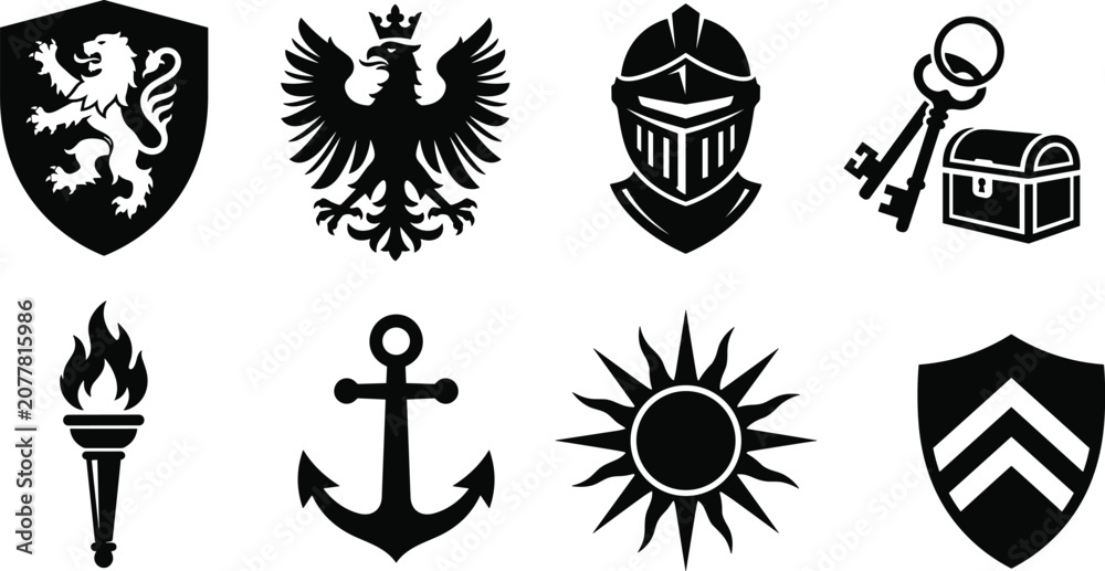 Naklejka premium Black Medieval Heraldic Silhouette Icons Set with Shields Knight Helmet Eagle Anchor and Treasure Symbols
