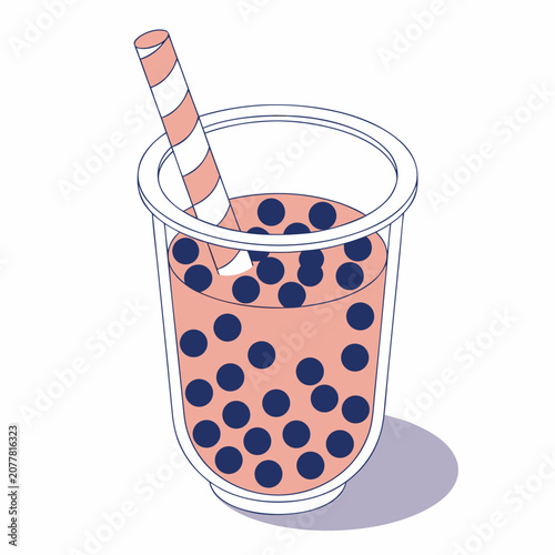 Bubble tea in transparent plastic cup with striped straw vector illustration beverage isomeric
