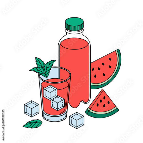 Watermelon drink in glass and bottle with mint leaves and ice cubes illustration, watermelon