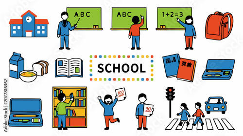 Fotografie School education elements, student life, and daily activities vector icon set