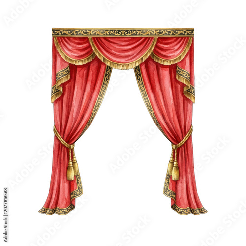 Watercolor red luxury theater curtains with gold tassels