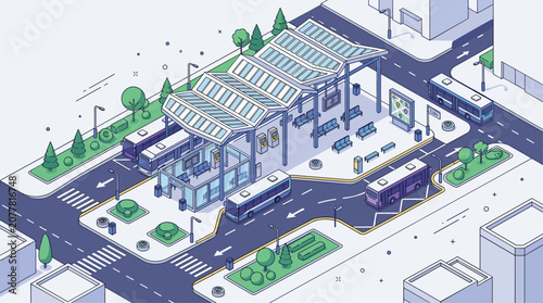 Isometric illustration of a modern bus station transit hub with passengers and vehicles designed in a clean minimalist line art style.