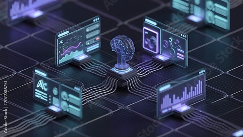 AI agent workflow automation system with intelligent data processing, business analytics, cloud integration, and autonomous enterprise operations visualization, Technology background concept 