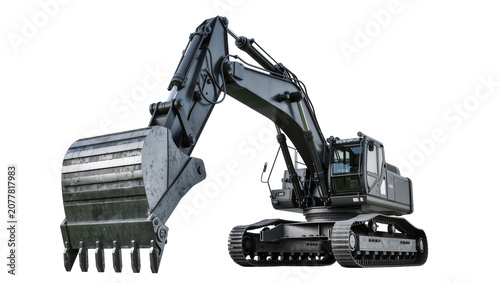 Cuadro en lienzo Heavy duty dark grey excavator with large metal bucket, isolated on transparent