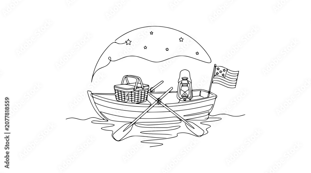 Fototapeta premium Rowboat with Picnic Basket, Lantern, and Flag Under Starry Night Sky