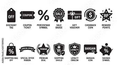 Bild auf Leinwand Discount icons, sale labels, promotional badges, shopping symbols, vector set