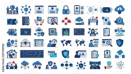 Collection of digital security and network protection vector icons illustrating cyber safety concepts with cybersecurity protection security technology information encryption password