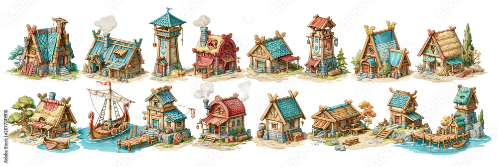 Naklejka premium A vibrant collection of whimsical fantasy buildings and a charming boat.
