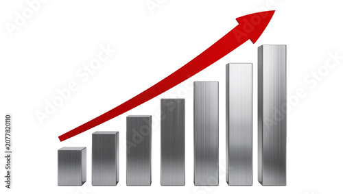 Metallic bar graph with red arrow showing upward trend, isolated on transparent background