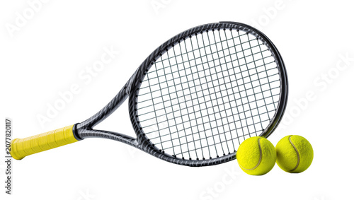 Valokuva Modern carbon fiber tennis racket with yellow grip and two balls, isolated on tr