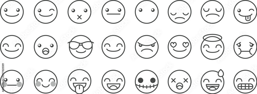 Fototapeta premium Emoticon face vector line icon set. Mobile chat messenger UI, social media avatar sticker graphic element
