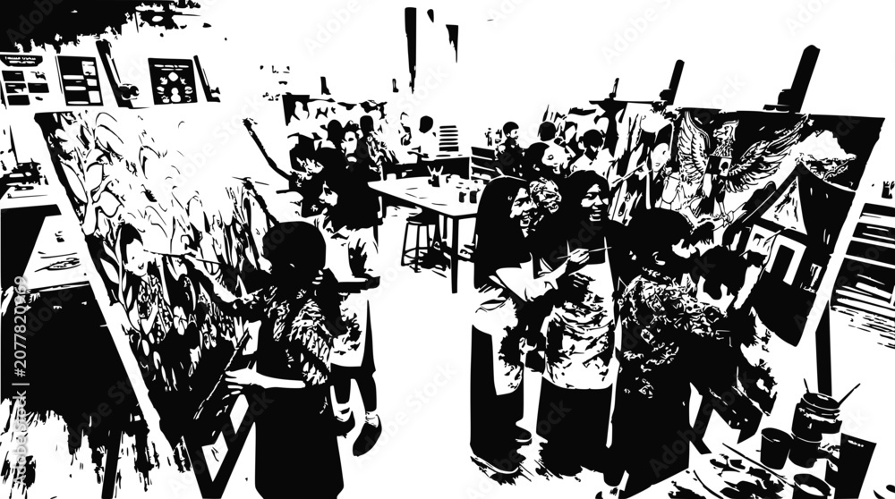 Fototapeta premium Children painting in art class, creating artwork on canvas with easels and paints