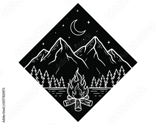 Campfire Under Mountain Moonlit Night Sky.