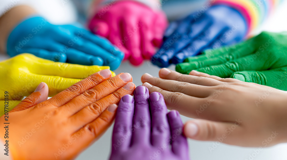 Fototapeta premium Circular arrangement of multiple human hands painted in various bright colors reaching toward center against white background representing global unity, diversity concept,