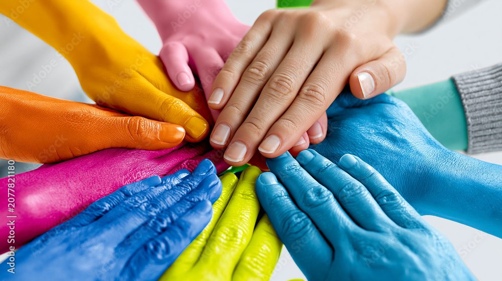 Fototapeta premium Circular arrangement of multiple human hands painted in various bright colors reaching toward center against white background representing global unity, diversity concept,