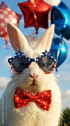 Cute Bunny Wearing Patriotic Accessories and Balloons - A fluffy white bunny wears patriotic star-shaped sunglasses and a red polka dot bow tie.