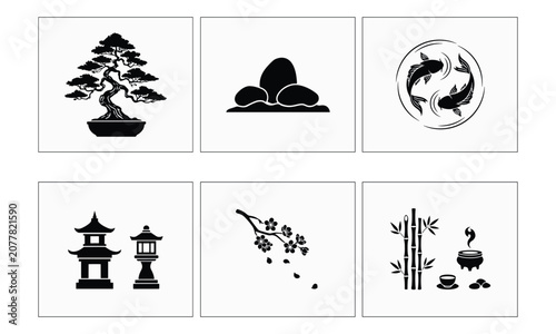 Traditional Japanese Garden Elements Vector Design Collection.