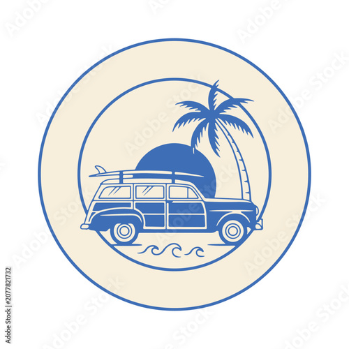Vintage Station Wagon Surfing Near Palm Tree Beach.